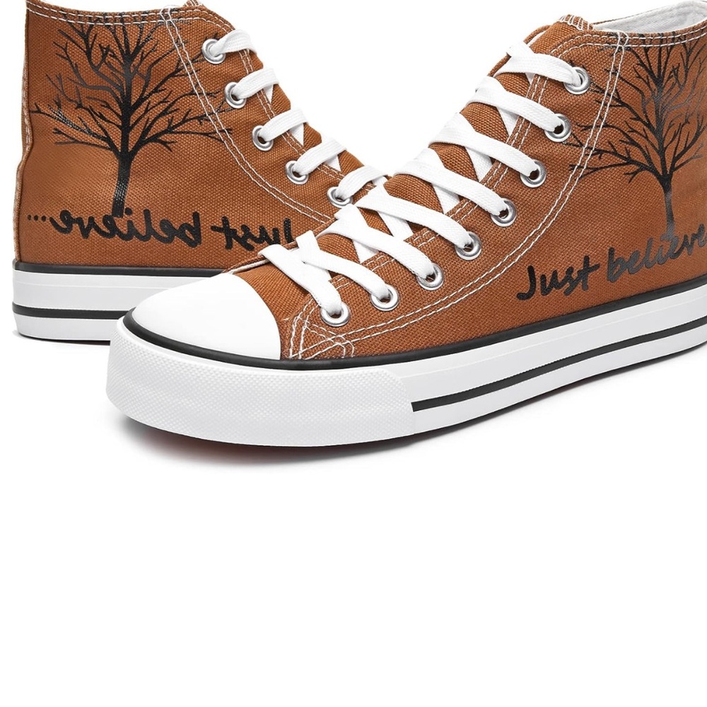 Brown and White High-Top Sneakers with Tree Design
